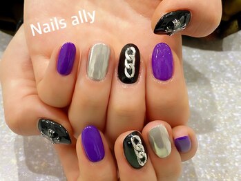 ネイルズアリー 立川店(Nails ally)/ブラックパープル×メタルパーツ