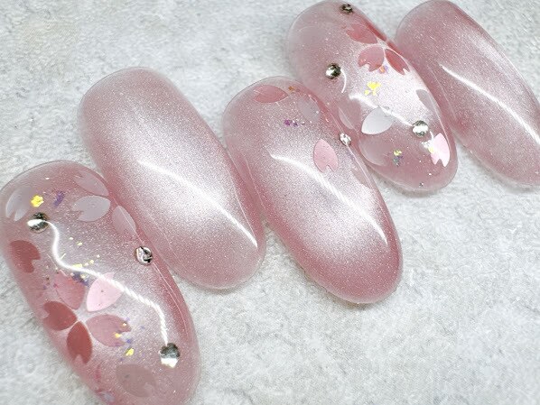 ネイルチップ オーダー シンプル 春 桜 ピンク マグネット ホログラム ネイルチップ オーダー シンプル 春 桜 ピンク マグネット
