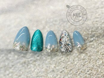 オレンジスティック/ホログラム グラデーション 水色