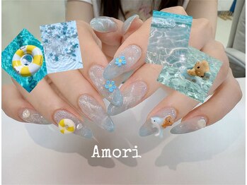 水波ブルーグラデ夏プールネイル