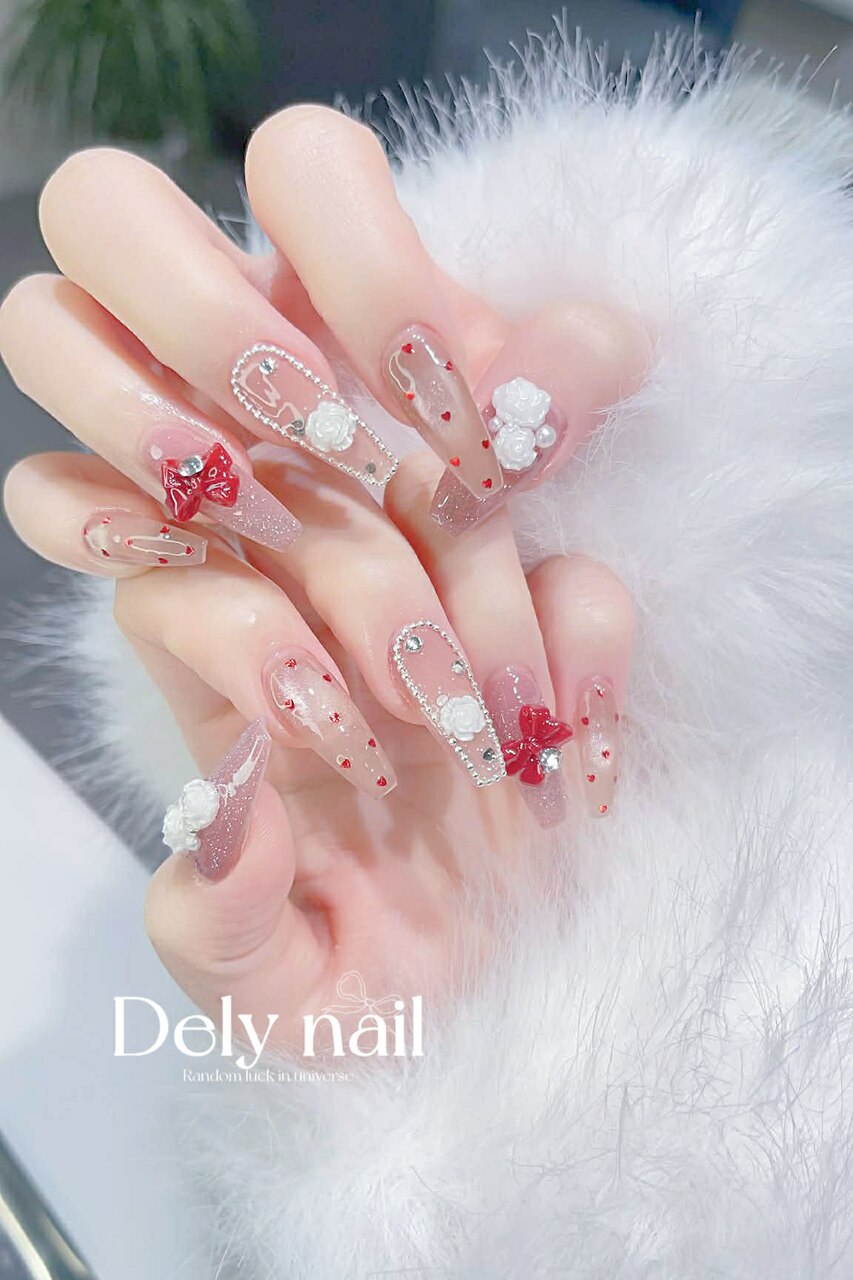 赤リボン×白薔薇のガーリー：PG013786086｜デリーネイル(Dely_nail)の