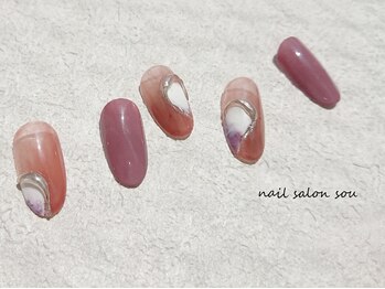 ソウ 難波店 nail salon Sou/塗りかけぷっくりニュアンスnail