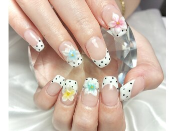 アールケーネイル 中野坂上(RK nail)/ドットフレンチ　3Dぷっくりお花
