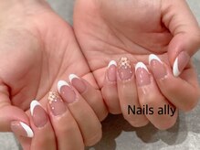 ネイルズアリー 立川店(Nails ally)/白フレンチ×ホロ×お花×春