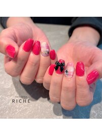 冬のチェック×リボンネイル