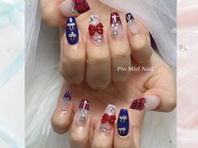 ピオミエルネイル 新宿(pio miel nail)/チェック×ネイビー×赤リボン