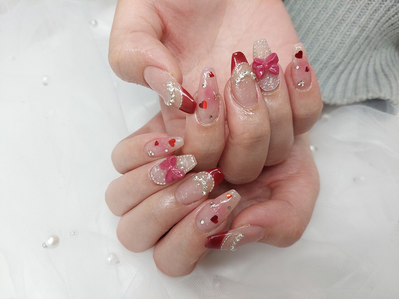 ネイルチップ オーダー フレンチガーリー 量産型 ハート リボン ピンク