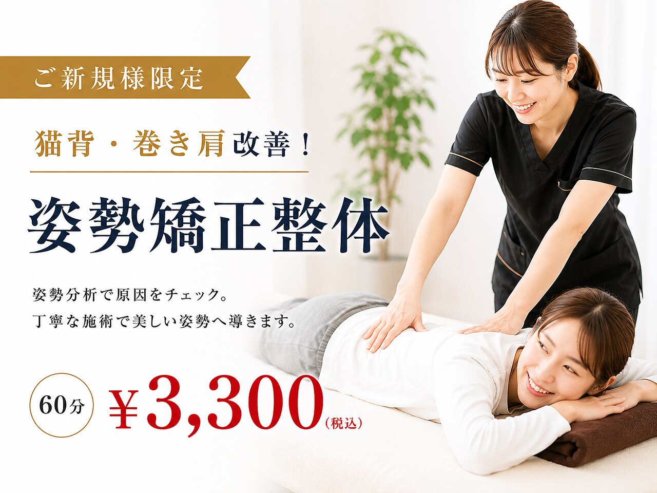 【ご新規様限定☆】猫背・巻き肩改善◎姿勢矯正整体コース60分\3300