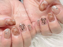 チェック/リボン/ブラウン