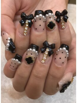 エスフィーネイルサロン ブリーユ(Esfy nailsalon Brille)/黒フレンチとリボン