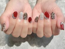 ヒールネイル(heal nail)/mag×red×キラキラ×ヒョウ柄