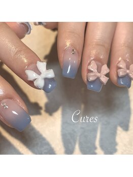 キュアーズ ネイル(CURES NAIL)/ブルーグラデーションとリボン