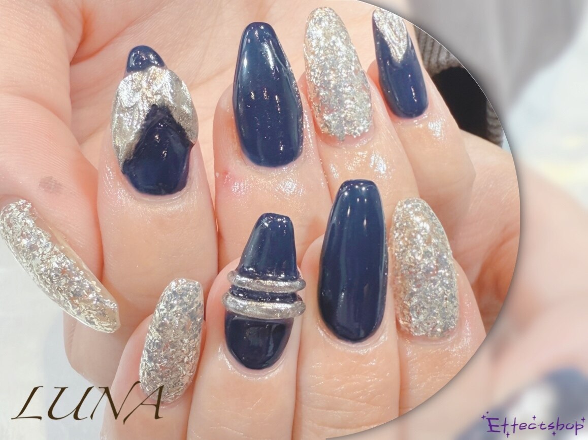 【オーダー】ネイルチップ　ネイビー　ゴールド　リボン　ハート オーダー】ネイルチップ ネイビー ゴールド リボン ハート ネイル