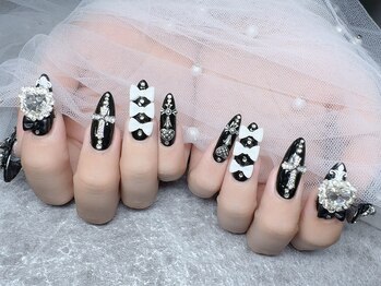 スノーネイルサロン 新宿店(Snow nail salon)/黒クロスハートリボン