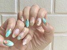 ★ターコイズ×ホワイトネイル