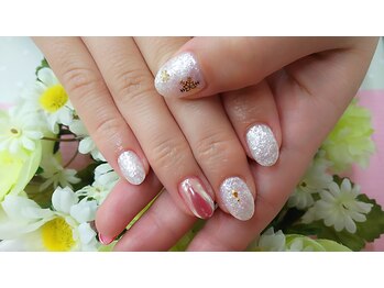 ホワイト&ミラーネイルピンク