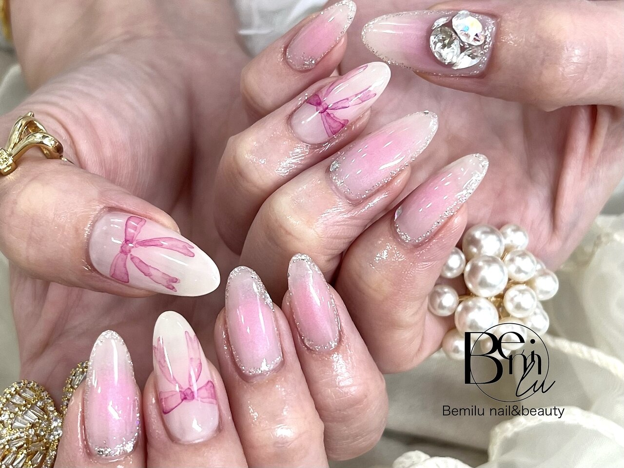 ♡6月限定♡ ネイルチップ ワンホン フレンチガーリー ビジュー 薔薇