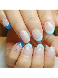 ラメベース×水色フレンチ
