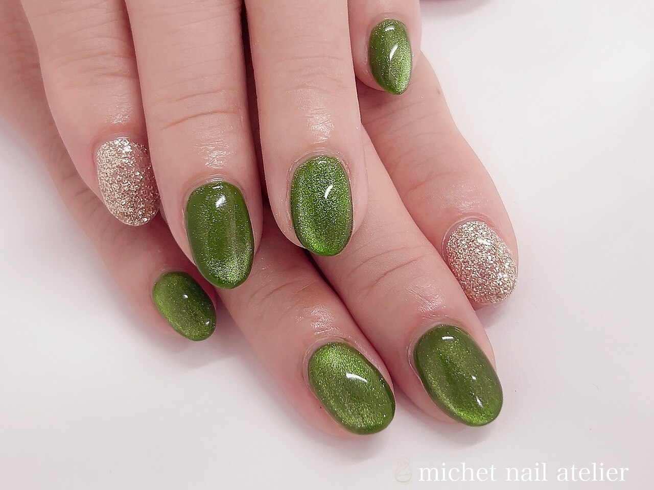 39］ネイルチップ マグネットネイル フレンチ 秋ネイル グリーン