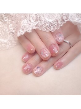ピオニーネイル(peony nail)/ブライダル　手描きローズ