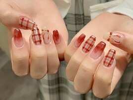 旬ネイル☆赤チェック×リボン