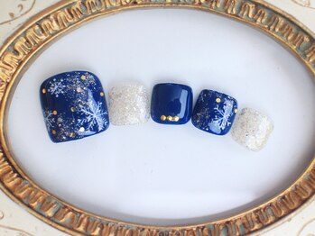 ネイルサロン あかねいろ/秋冬フット☆星の結晶★ネイビー