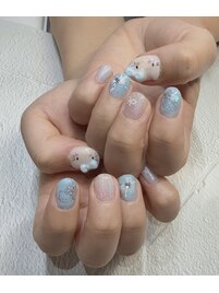 水色×キティちゃんパーツネイル