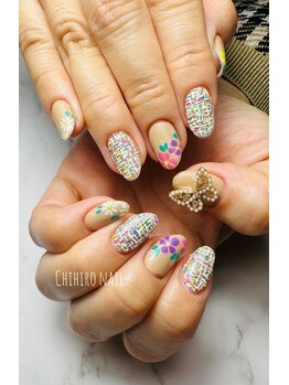 チヒロネイル/ツイード&フラワーネイル