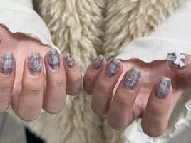 ブルーグレー チェック リボン