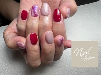 ネイルセッション(nail session)/ボルドー×くすみピンクマーブル