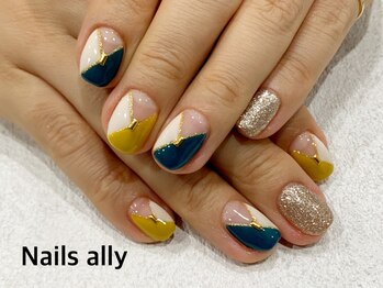 ネイルズアリー 立川店(Nails ally)/シェブロン×マスタード×ラメ