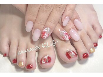 ネイルサロン キリグ(KILIG)/ハンドフットおそろいお花ネイル