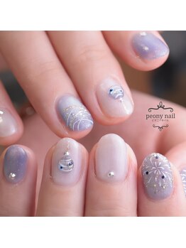 ピオニーネイル(peony nail)/ブルーとホワイトの夏祭りネイル
