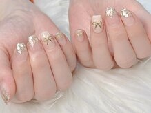 ヒールネイル(heal nail)/gold×beige×ribbon～