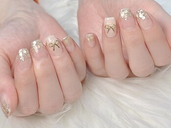 ヒールネイル(heal nail)/gold×beige×ribbon~
