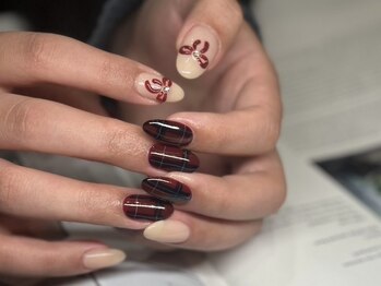 アース ネイルアンドアイラッシュ 甲府昭和店(HAIR & MAKE EARTH Nail&Eyelash)/リボン×チェックネイル¥8900
