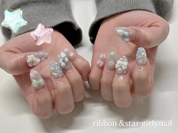 ルルシアン 代々木(luluchien)/リボンと星のガーリーネイル♪