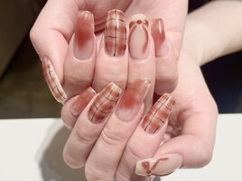 チェック柄×リボンネイル