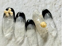 チェリーズネイル(Cherrys Nail)/黒フレンチ 薔薇 リボンネイル 