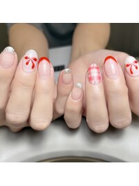 チェック×リボン