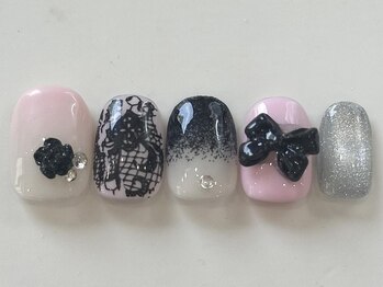 ネイルメゾン 天神店(NAIL MAISON)/ピンク黒レースガーリー¥8550