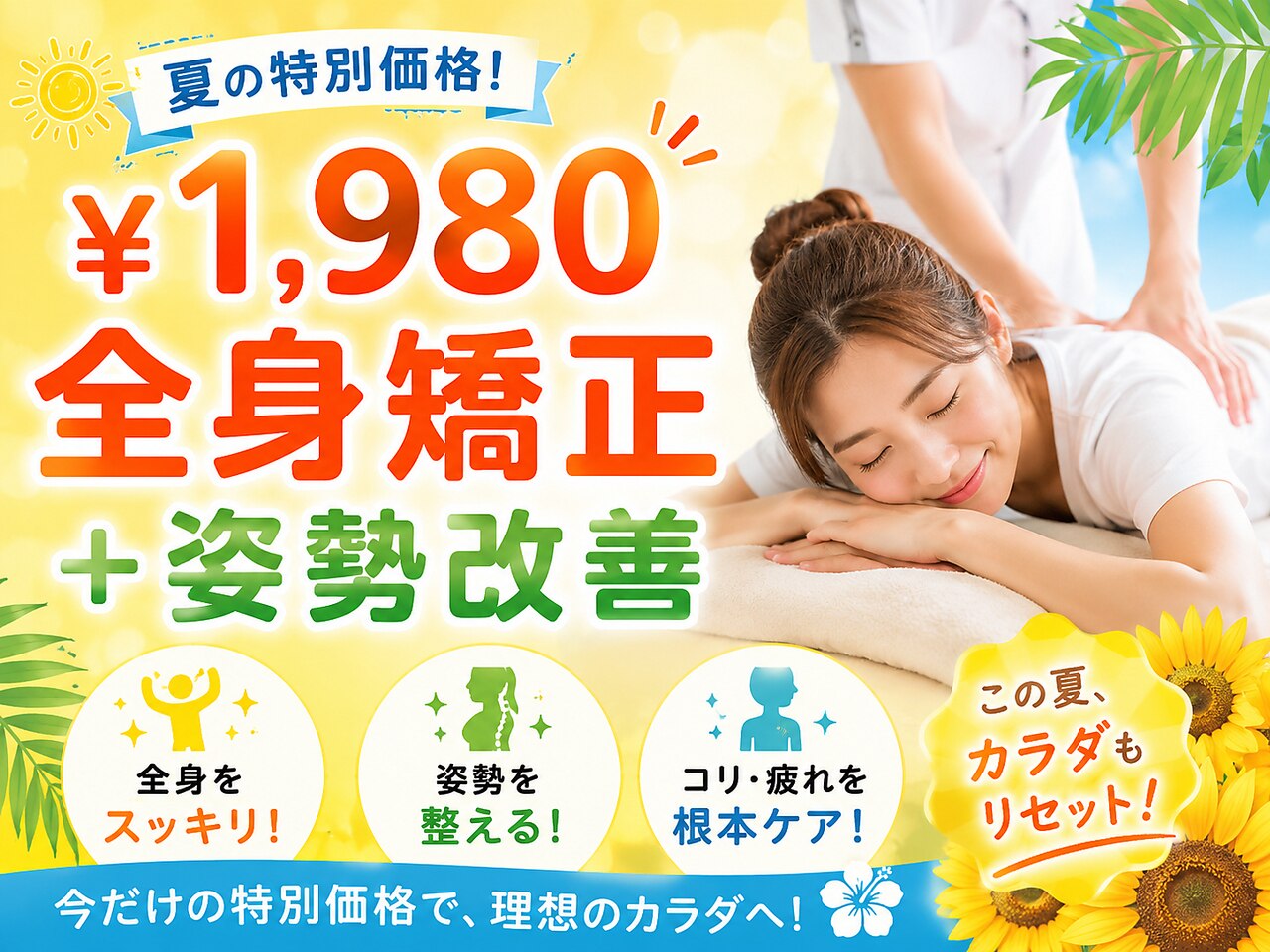 【8/12〜16の午後限定】先着２名様限定！全身矯正+姿勢改善￥9,900→￥1,980