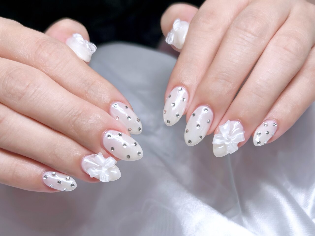 オーダーヴェールネイルニュアンスオーロラホワイトリボンワンホン韓国