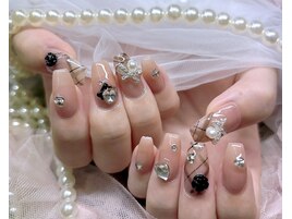 チェックネイル バラ 黒 秋 冬