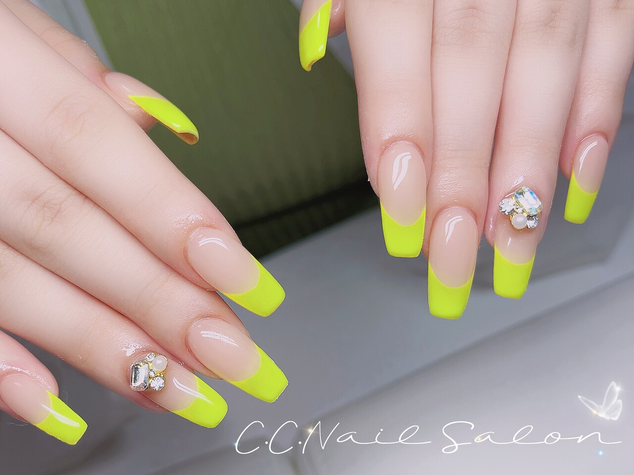 ネイルチップ 量産型 黄緑 ツイード リボン ガーリー