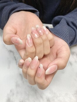 オレンジスティック/ラメ　乳白色　チークネイル