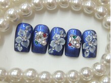 ネイルサロンミキ 横浜(MIKI)/和装着物3D花青ネイビーブルー赤