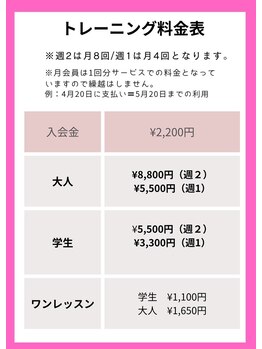 ひらい接骨院 前橋院/トレーニング料金表
