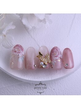 ピオニーネイル(peony nail)/蝶が舞うピオニー（芍薬）
