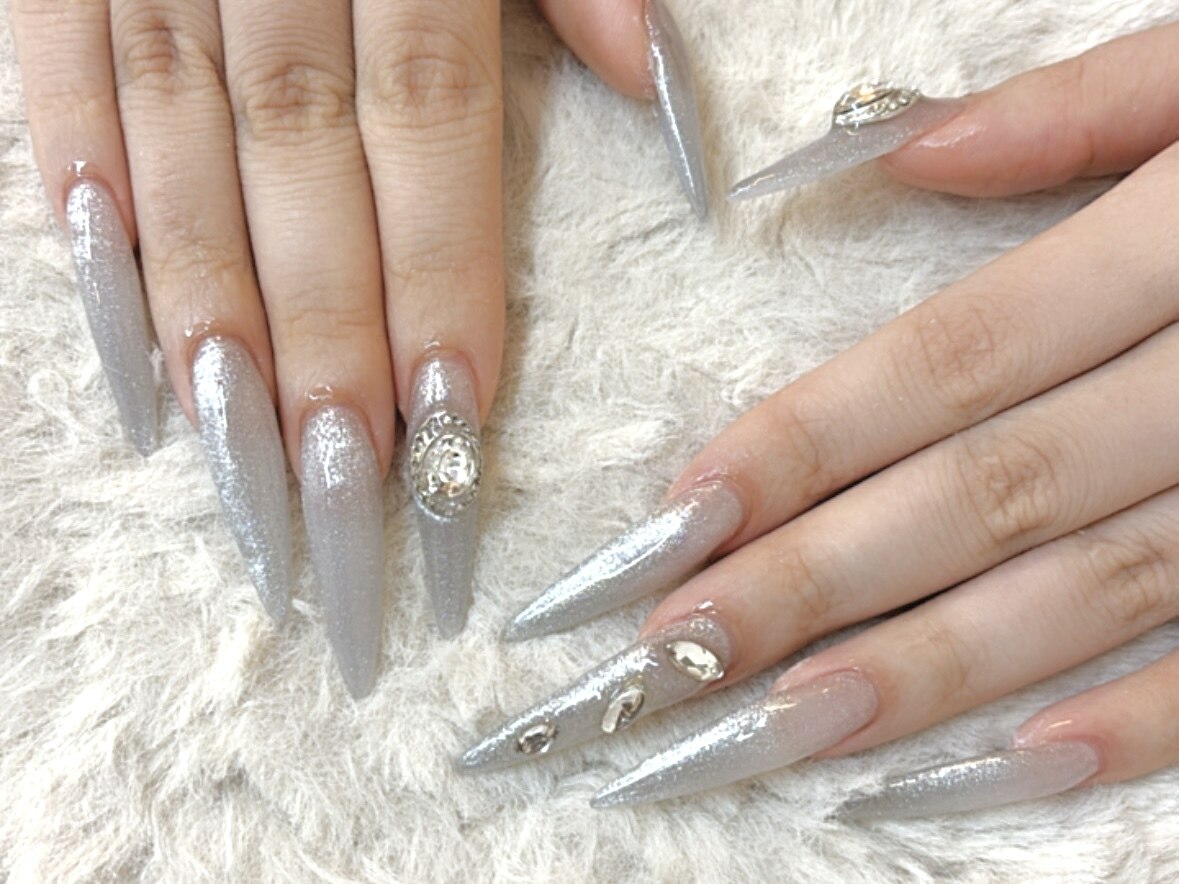 2025年-2026年冬トレンド】シルバー ハンド スーパーロングのネイル